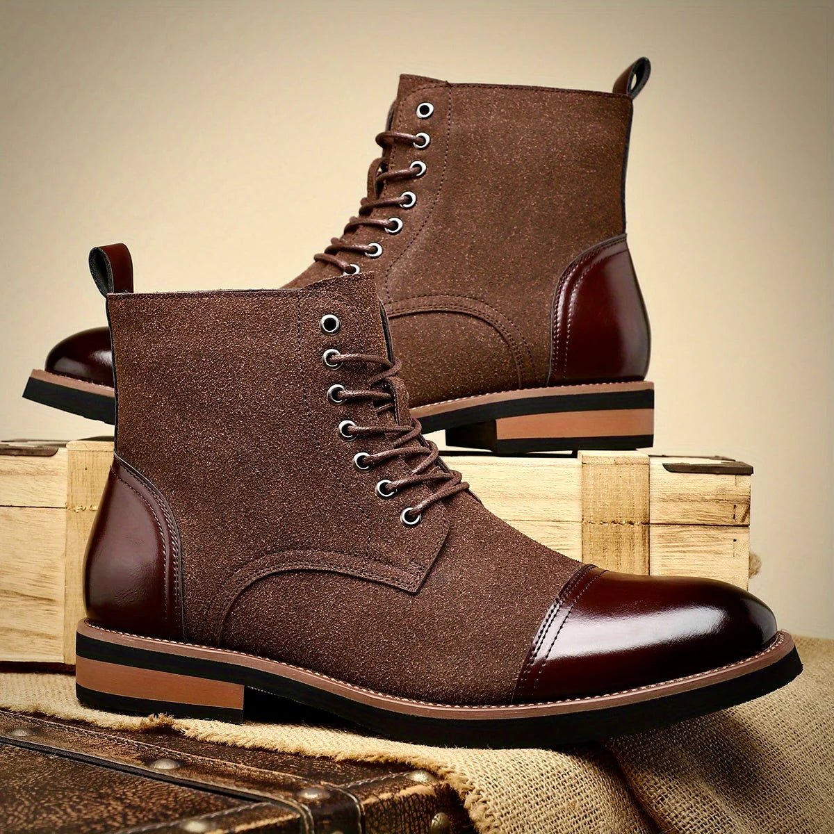 Men's brown leather boots featuring a cushioned insole and a closed-lacing design, perfect for stylish comfort and versatile wear. 0
